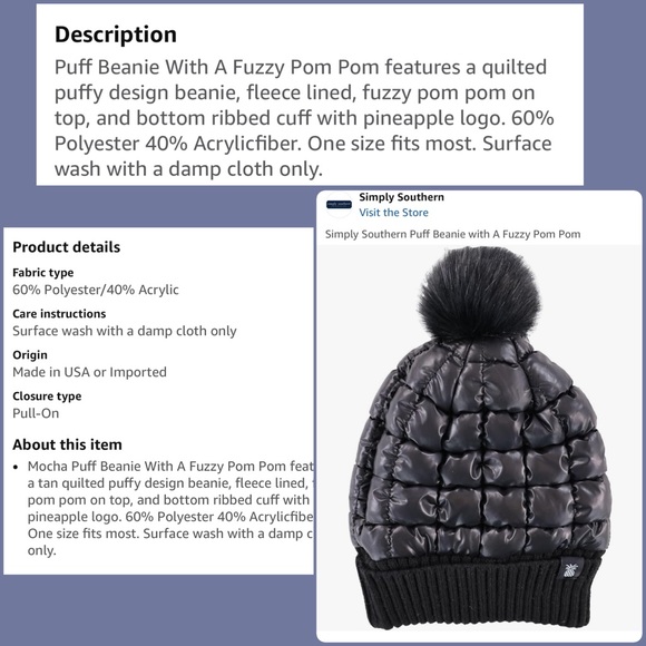 Simply Southern Puff Beanie with fuzzy Pom Pom - Picture 2 of 2